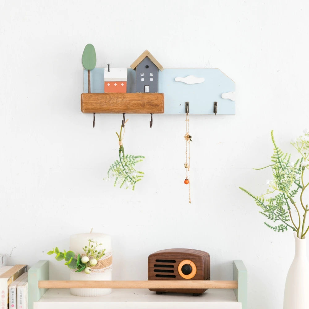 Support à Crochets « Ville de Conte de Fées » – Rangement mural décoratif en bois