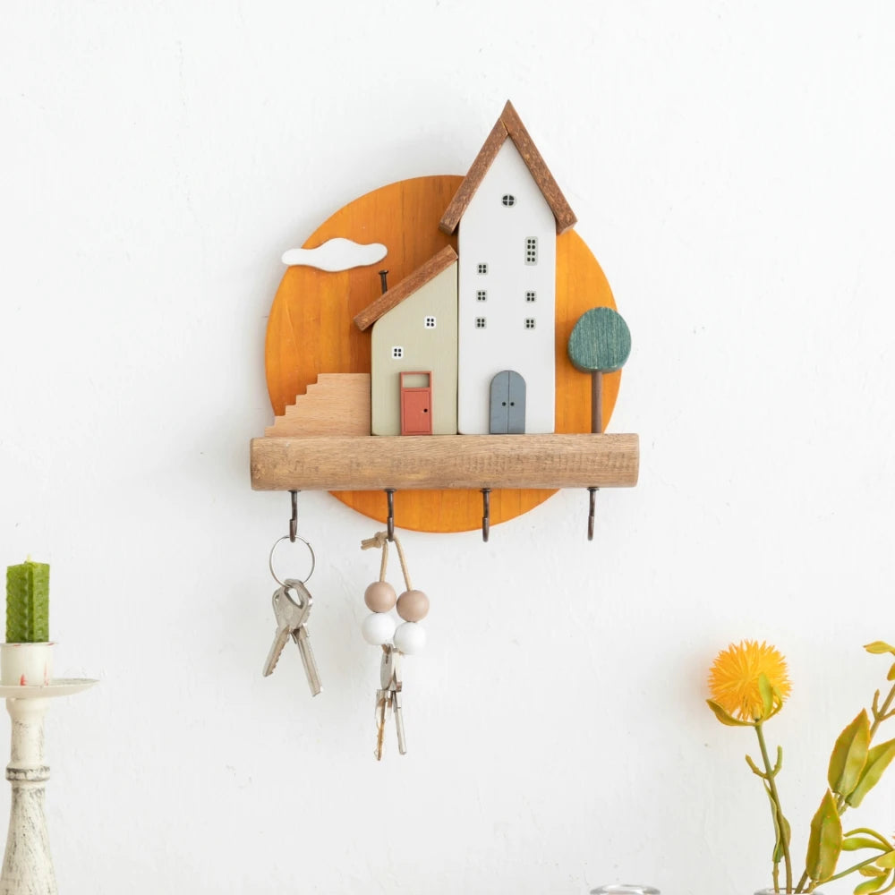 Support à Crochets « Ville de Conte de Fées » – Rangement mural décoratif en bois